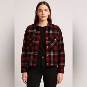 ZARA Premium Collection Plaid Cropped Overshirt Jacket Flannel Red Black Large